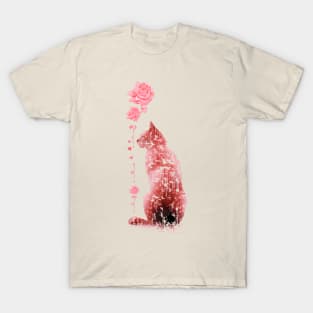 cat sniffs roses T-Shirt